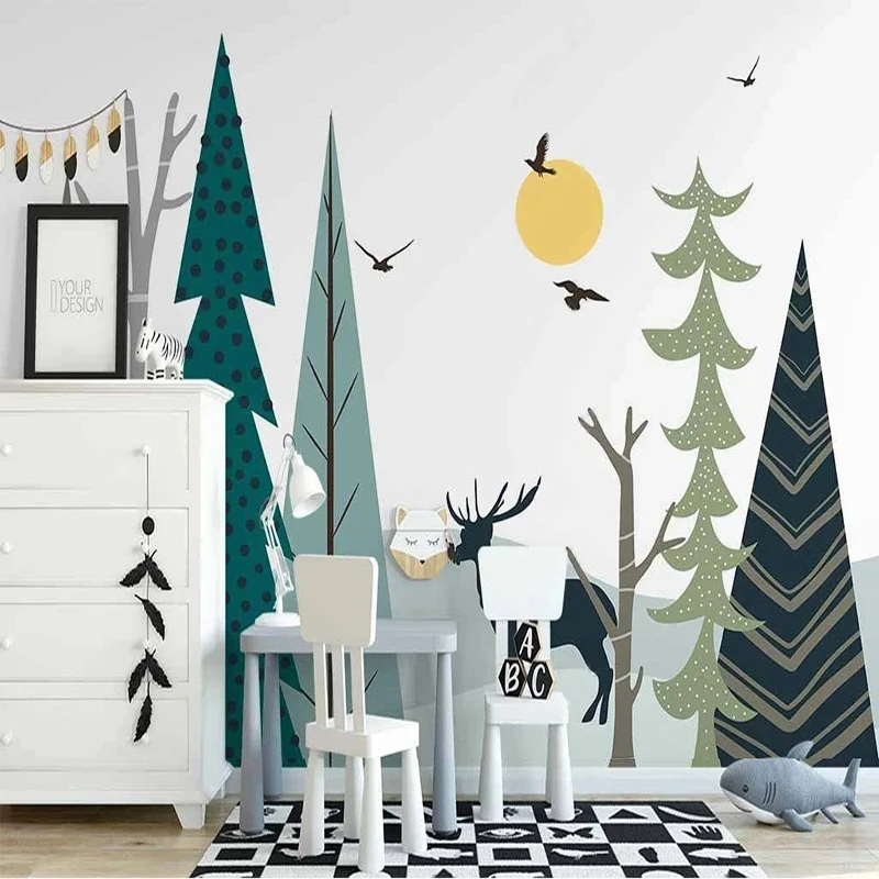 Photo Wallpaper Nordic Cartoon Hand Painted Forest Elk Mural Children's Room Background Decor Wall Painting Papel De Parede 3D nordic painting