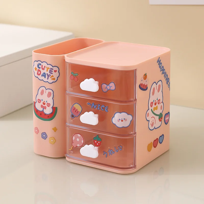 4 Grid Desk Storage Box Desktop Organizer With Drawer Pen Holder Send Kawaii Stickers Student Dormitory Stationery Makeup Shelf
