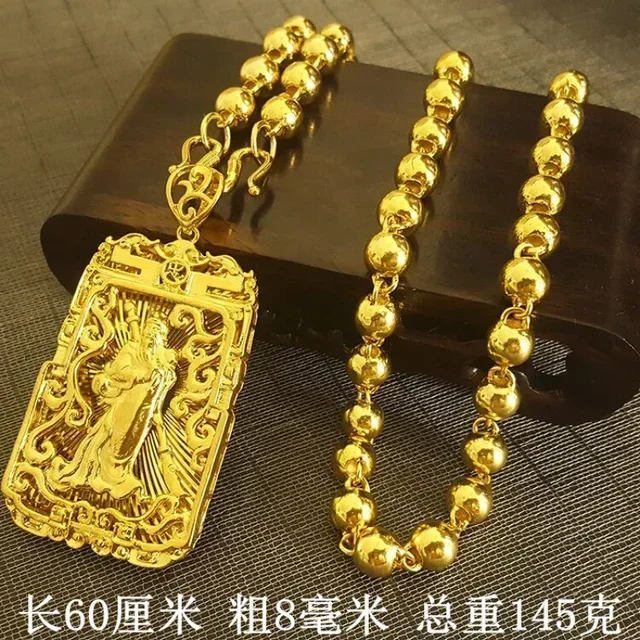 Gold Necklace Guanyin Pendant 24K Chain for Men and Women