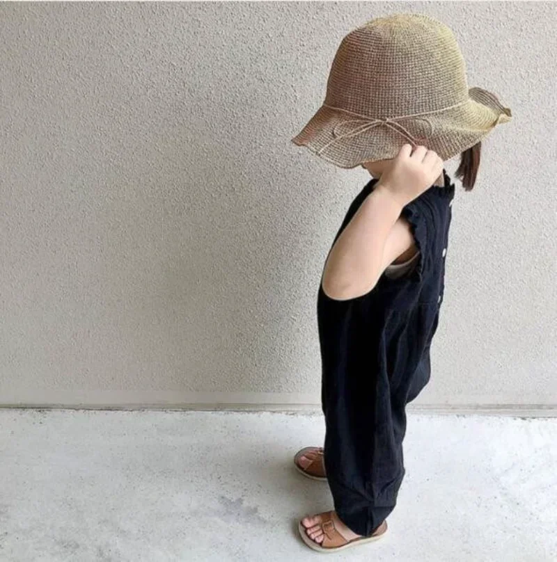 Children Overalls Pants 7580 Kids Jumpsuit Baby Girl Cotton And Hemp Casual Fly Sleeve Suspenders