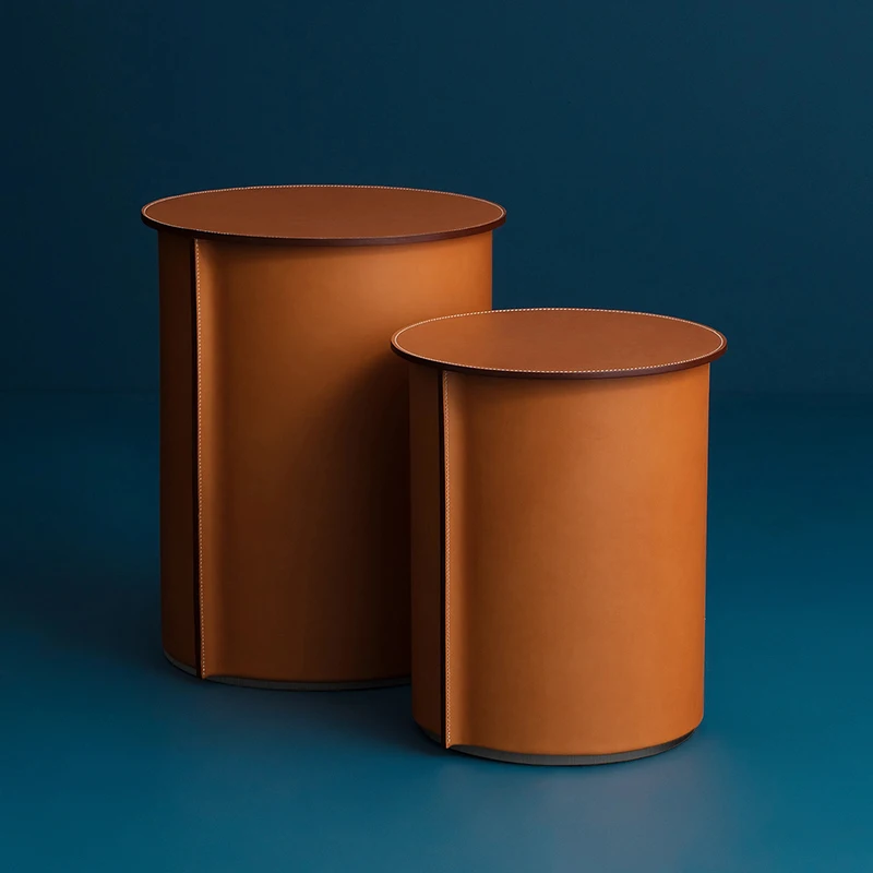 

Роскошный боковой стол светильник, коричневый, полностью кожаный маленький круглый боковой стол для гостиной