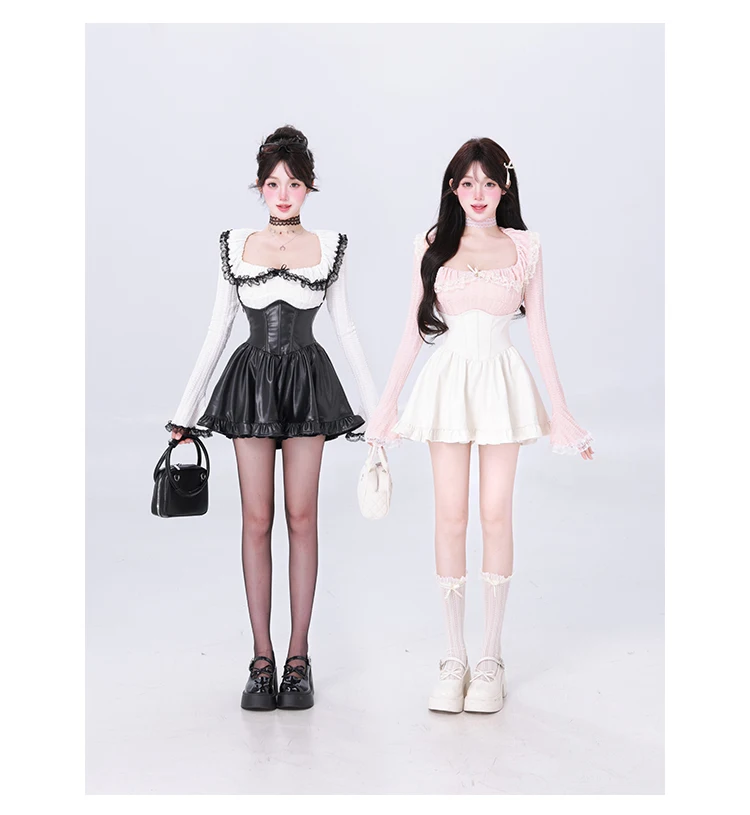 Y2K Two-piece Skirt Set Lace Square Collar Long Sleeve Top High Waist Halter Mini Skirt Korean Fashion Kawaii Sexy Outfits New