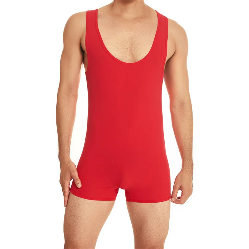 Description Picture 4 of itemMen Undershirts Bodysuit Tight-fitting High-elastic Sports Wrestling Jumpsuits Gymnastics Nylon Deep Round Neck Undershirts