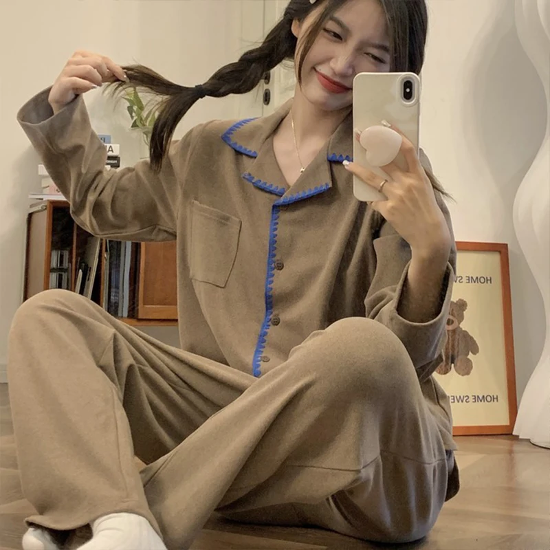 New Autumn Long Sleeve and Pants Women's Pajama Set Simple Mesh Design Can Be Worn Outside the Homewear Comfortable and Soft