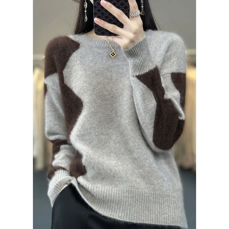 New Autumn and Winter Fashion Versatile Trend Colorblock Round Neck Simple Casual High Grade Temperament Women\'s Knitted Sweater