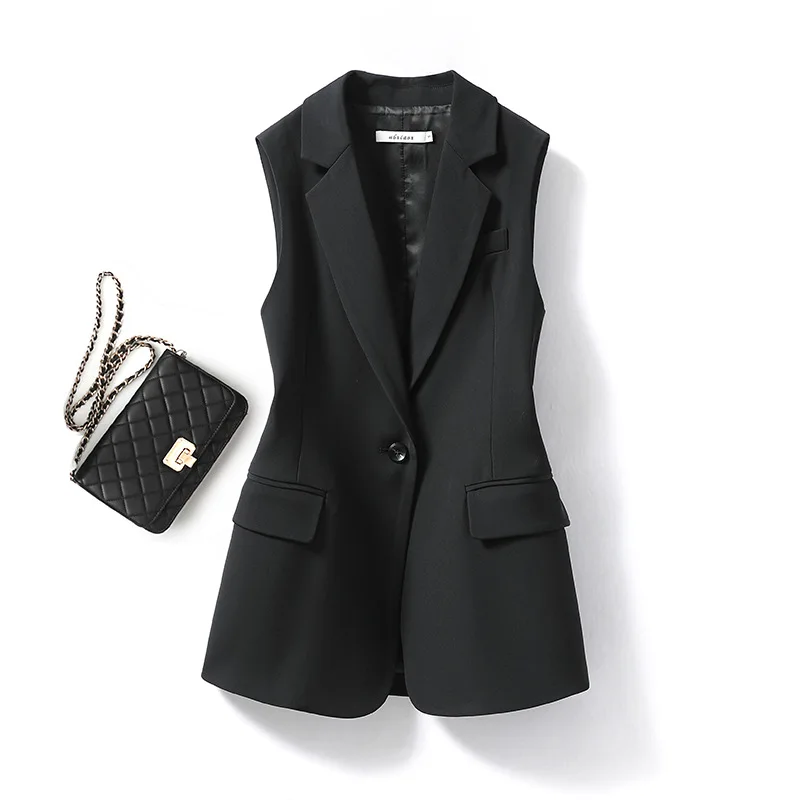 Women's Lapel Collar Vest Coat  All-Matched Single Breasted Sleeveless Classic Solid Color Chic Vintage Office Lady Jacket