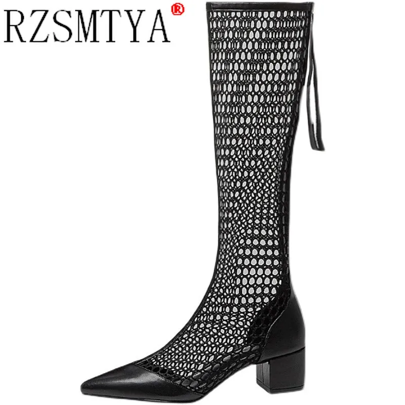 Women Sandals Boots Summer Gladiator Zipper Mesh Breathable Med Heels
