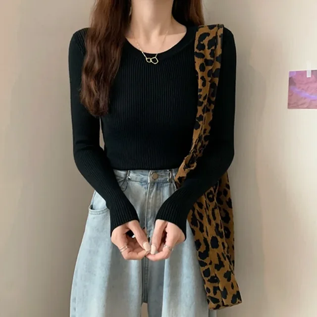 Blackinnerslims Women's Knitted Long Sleeve Sweater Outerwear Smooths Your Silhouette Base Layer Top Round Neck Spring Autumn 2