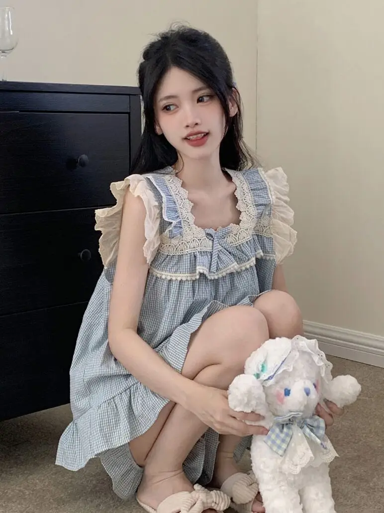 여름 한국 스타일 달콤한 작은 비행 소매 온라인 유명 인사 체크 무늬 편안한 잠옷 여성 여름 슬링 투피스 세트 홈웨어