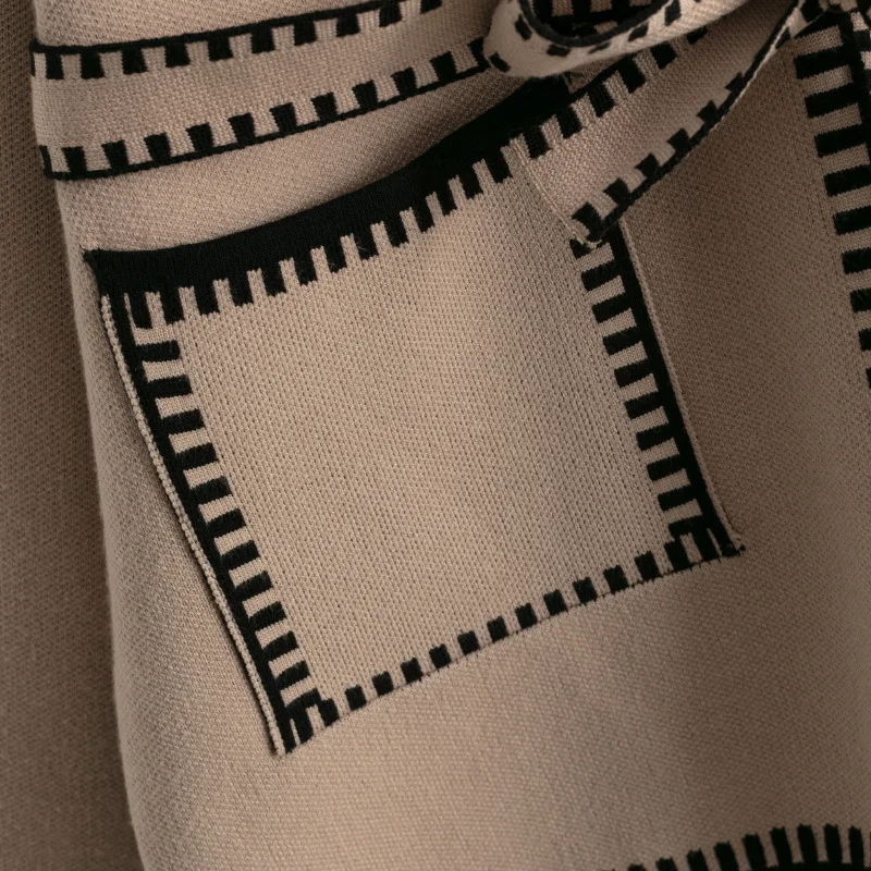 Knit Contrast Cardigan Sweater For Women Lace-Up Pocket Long Sleeve Patchwork Loose Coat Autumn Knitwear Women's Outwear