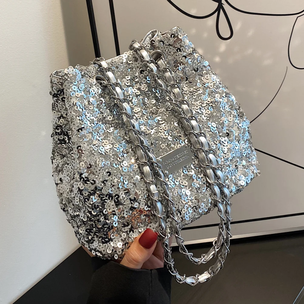 New Sequin Bucket Cylinder Phone Bag Satchels Women Fashion Chain