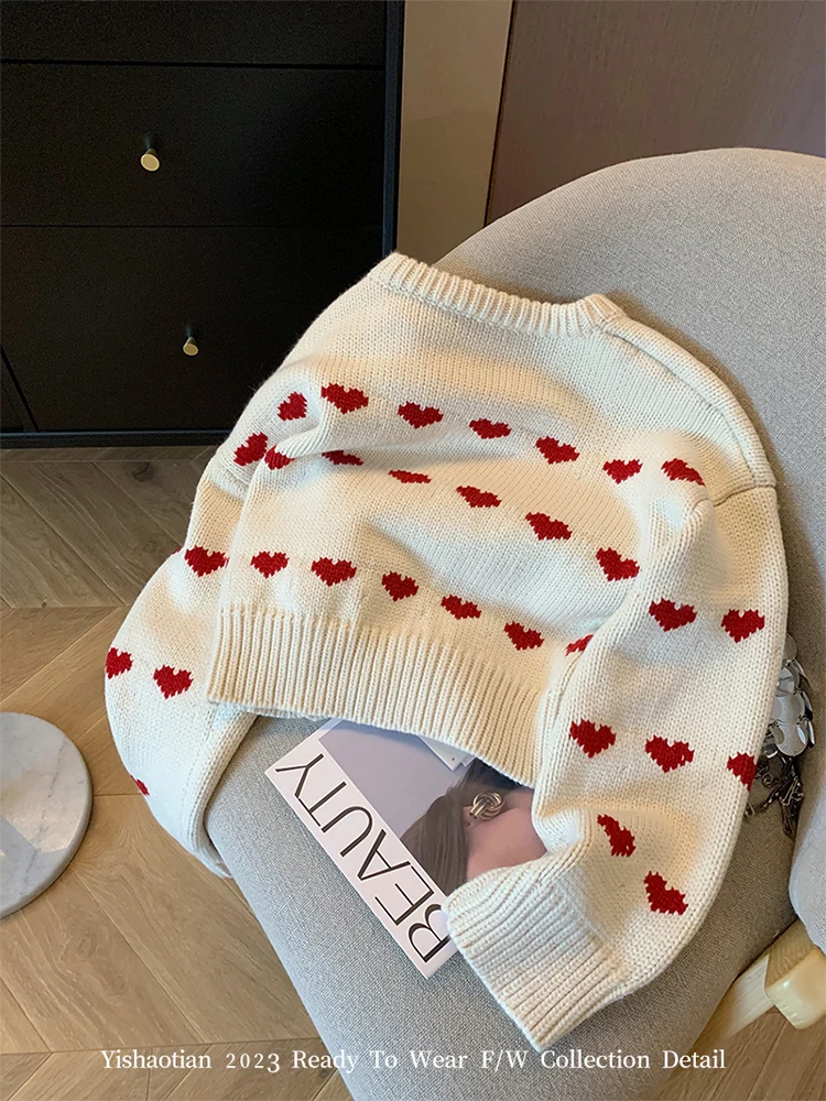 Fashion Simple Classical Knitted Sweater Heart  Print O-Neck Long Sleeve Pullovers Preppy Style Sweet Chic Autumn Y2K Streetwear