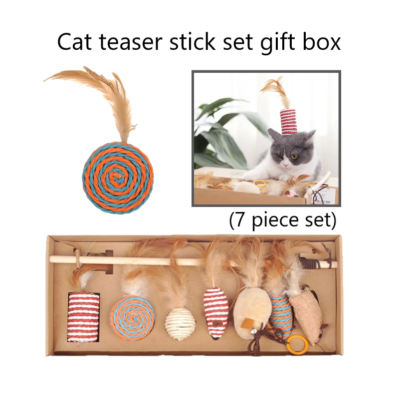 7pcssetFunnyCatToysSetsWithGiftBoxFeatherCatTeaserWand