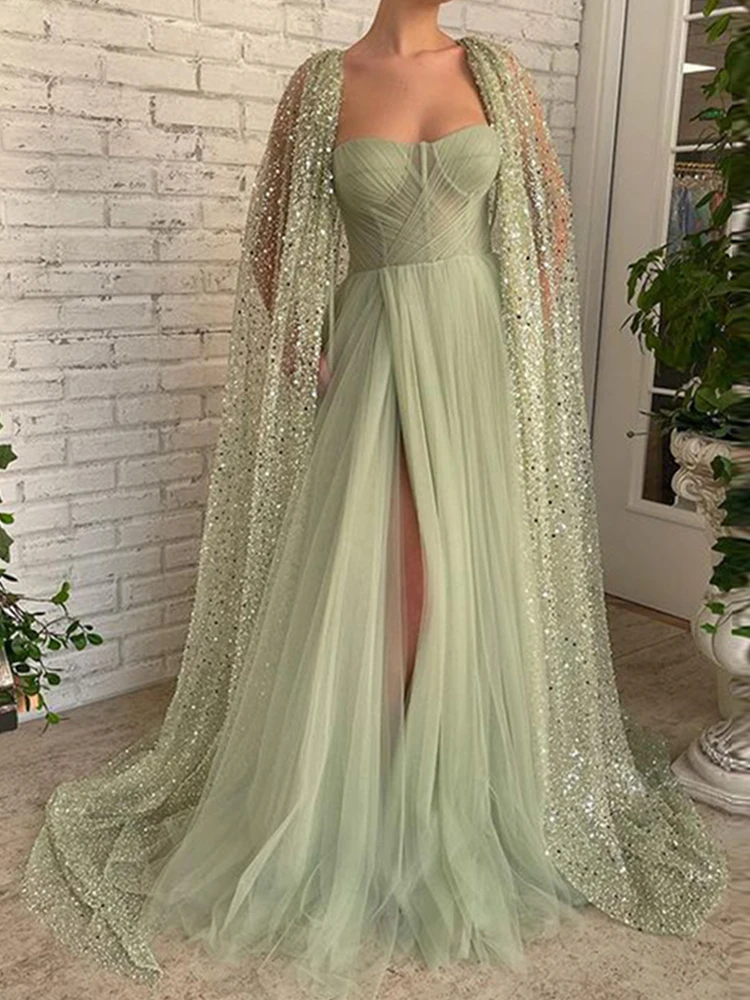 evening gowns with sleeves 2022 Green Tulle Evening Dresses 2022 Sparkly Glitter Jacket Prom Dresses Sweetheart Side Slit Party Gowns Robe De Soirée Femme sexy evening gowns