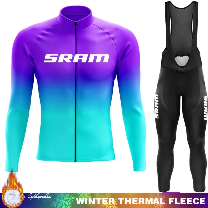 SRAM Cycling Jersey Men Winter Thermal Fleece Clothing Man Set Long Sleeve Outfit Sportswear Triathlon Bib Retro Jumper Mtb