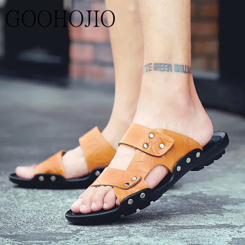 

Шлепанцы мужские из коровьей спилковой кожи, мягкие сандалии, без застежки, износостойкие, пляжные тапочки, летние