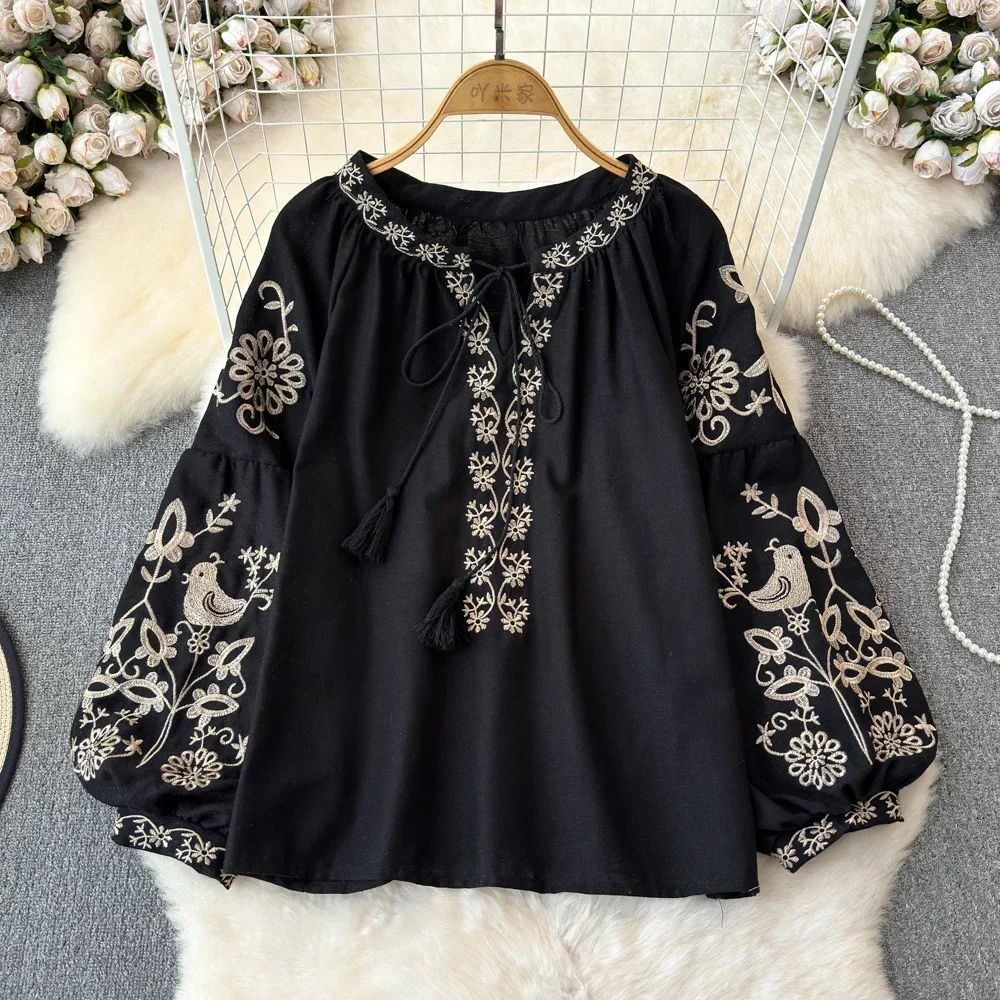 Women's Retro Blouse National Style Embroidered Lace-Up Tassel V
