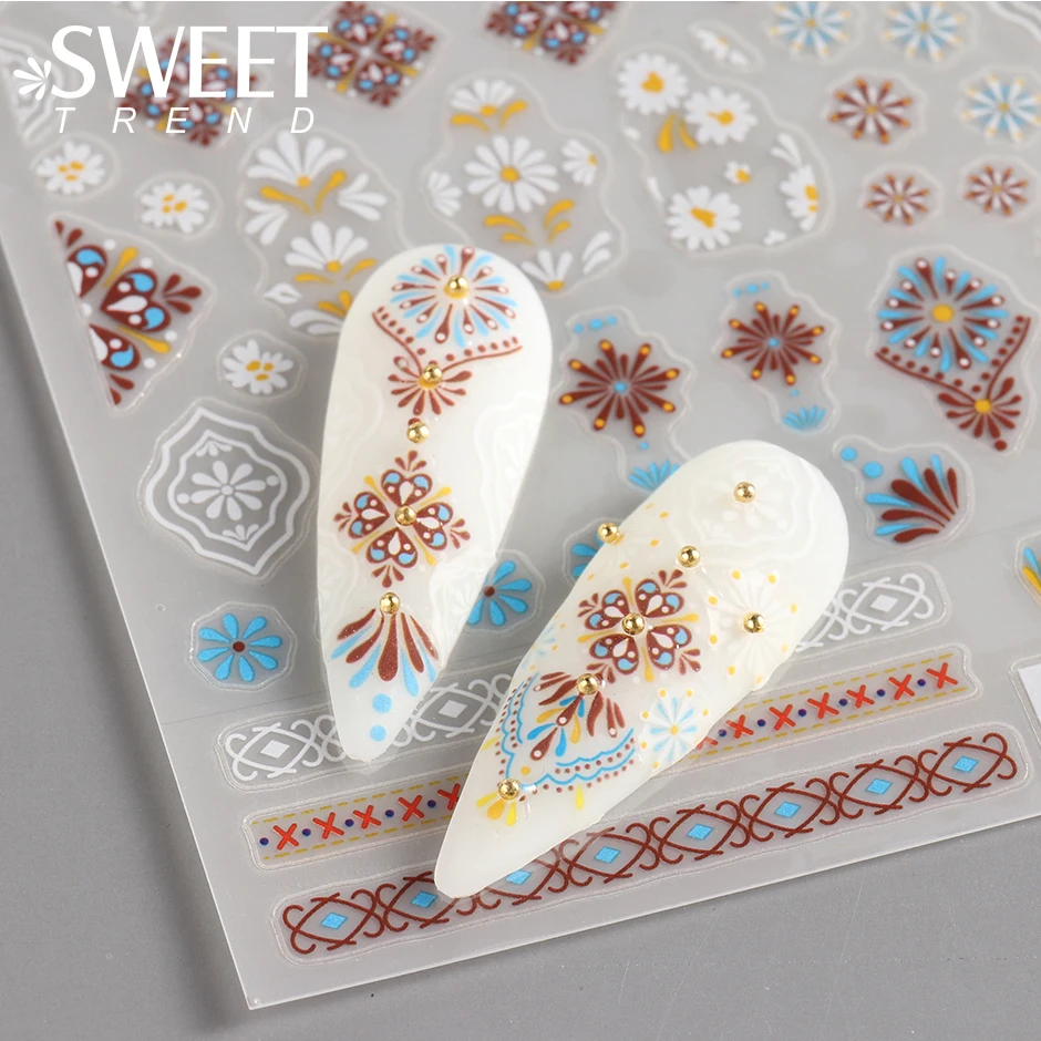 

3D Bohemian Matte New Nail Sticker Charms Embroidery Boho Design Manicure Purple Flower Vine Decals Nail Art Accessories