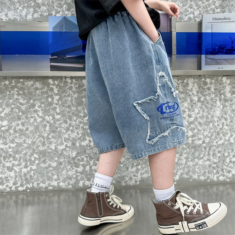 Fashion Denim Shorts For Boys Teenager Kids Elastic Waist Cargo Jean Short Pants With Pocket For Children's Age 5-14 Years Old