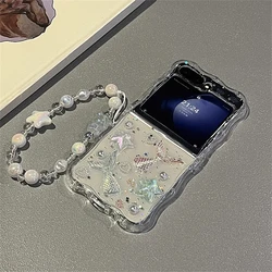 Korean Cute 3D Glitter Fishtail Star Phone Case - Clear Epoxy Cover for Galaxy Z Flip 5 (With Chain)
