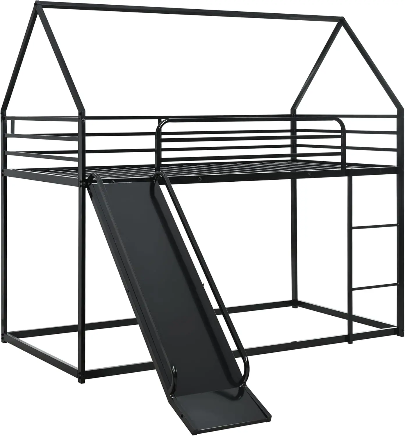 Twin Over Twin Bunk Bed with Slide, Junior House Low Bunk Bed Metal Bunkbeds with Ladder and Full-Length Guardrail for Girl, 5