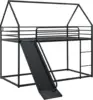 Twin Over Twin Bunk Bed with Slide, Junior House Low Bunk Bed Metal Bunkbeds with Ladder and Full-Length Guardrail for Girl, 5