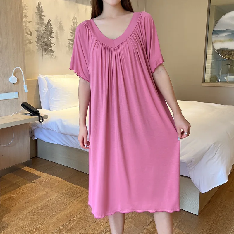 Modal Nightgowns Summer Women's Nightwear Nightdress Thin Skirt Short Sleeve Sleepwear Loose Plus Size Homewear Fold Night Dress
