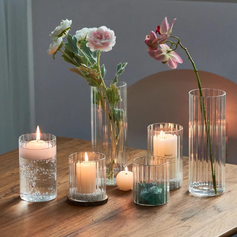 RibbedCylinderGlassCandleHolderHomeDecorPillarCandlesGlass