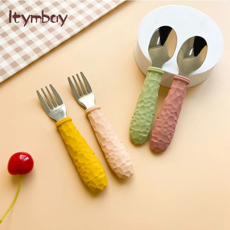 

Baby SiliconeTableware Set Children Utensil Stainless Steel Toddler Dinnerware Infant Food Feeding Spoon Fork 2Pcs/Set