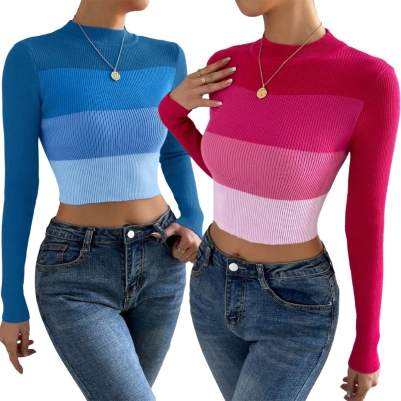 

Women Colorblock Striped Skinny Sweater Mock Neck Long Sleeve Ribbed Crop Top