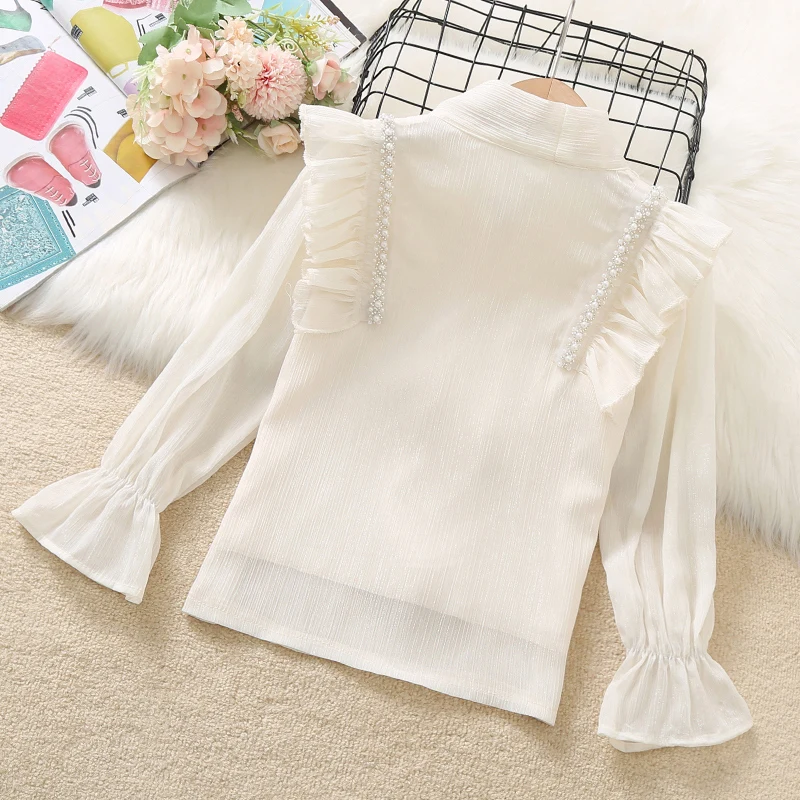 Teenagers School Shirts for Girls Beige Blouses Autumn Kids Costume Children Clothing Long Sleeve Chiffon Tops 8-14 Years