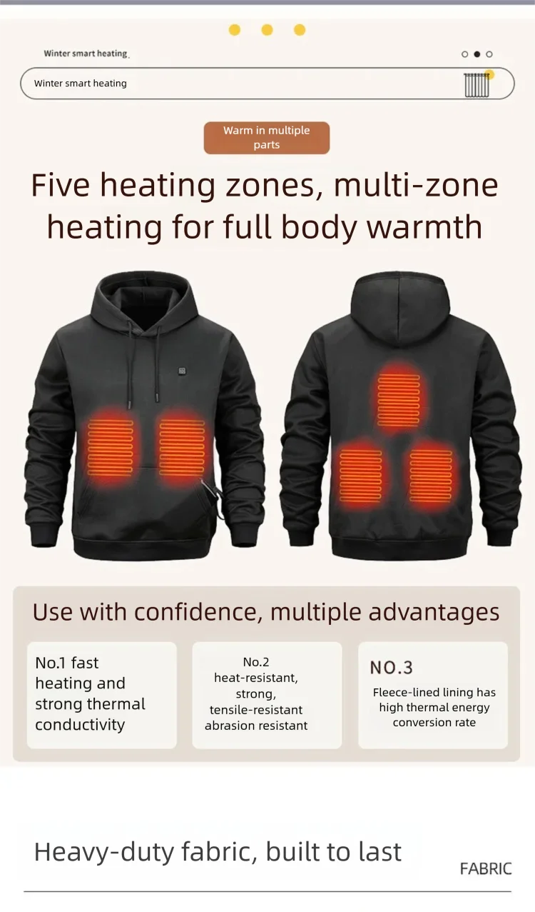 5-Zonen Beheizbare Kapuzenpullover für Herren, USB-beheizter Fleece-Sweatshirt, Unisex USB-Heiz-Sweatshirt, Outdoor-Sportbekleidung – Detail 3