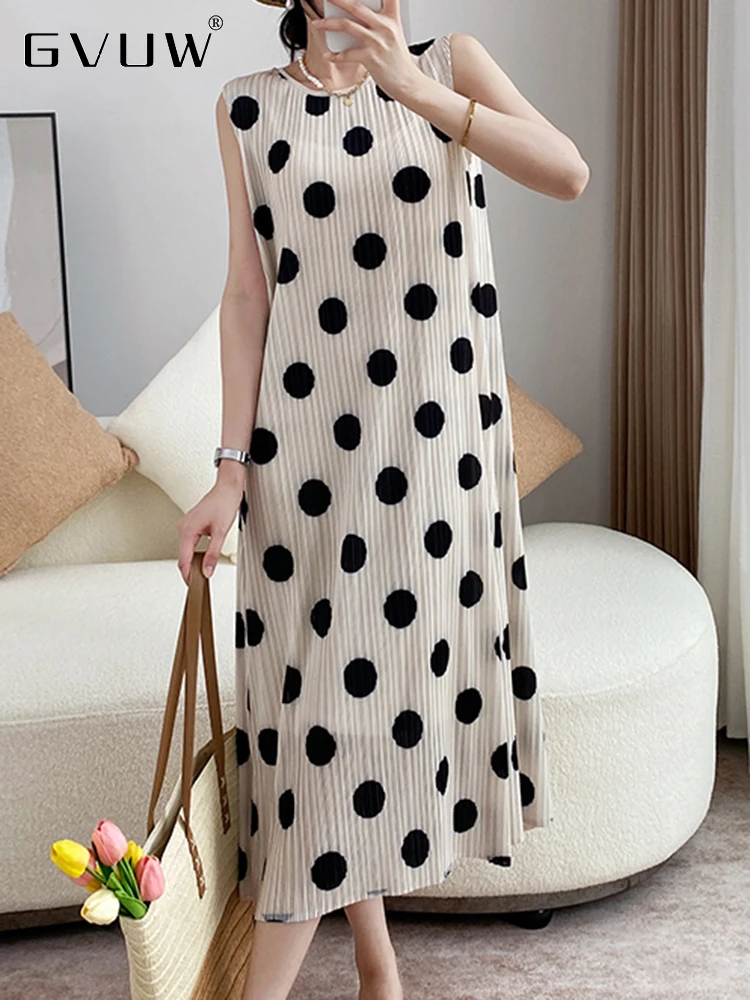 

Женское плиссированное платье без рукавов GVUW, элегантное свободное ТРАПЕЦИЕВИДНОЕ ПЛАТЬЕ средней длины с круглым вырезом, модель 17G7379, 2024