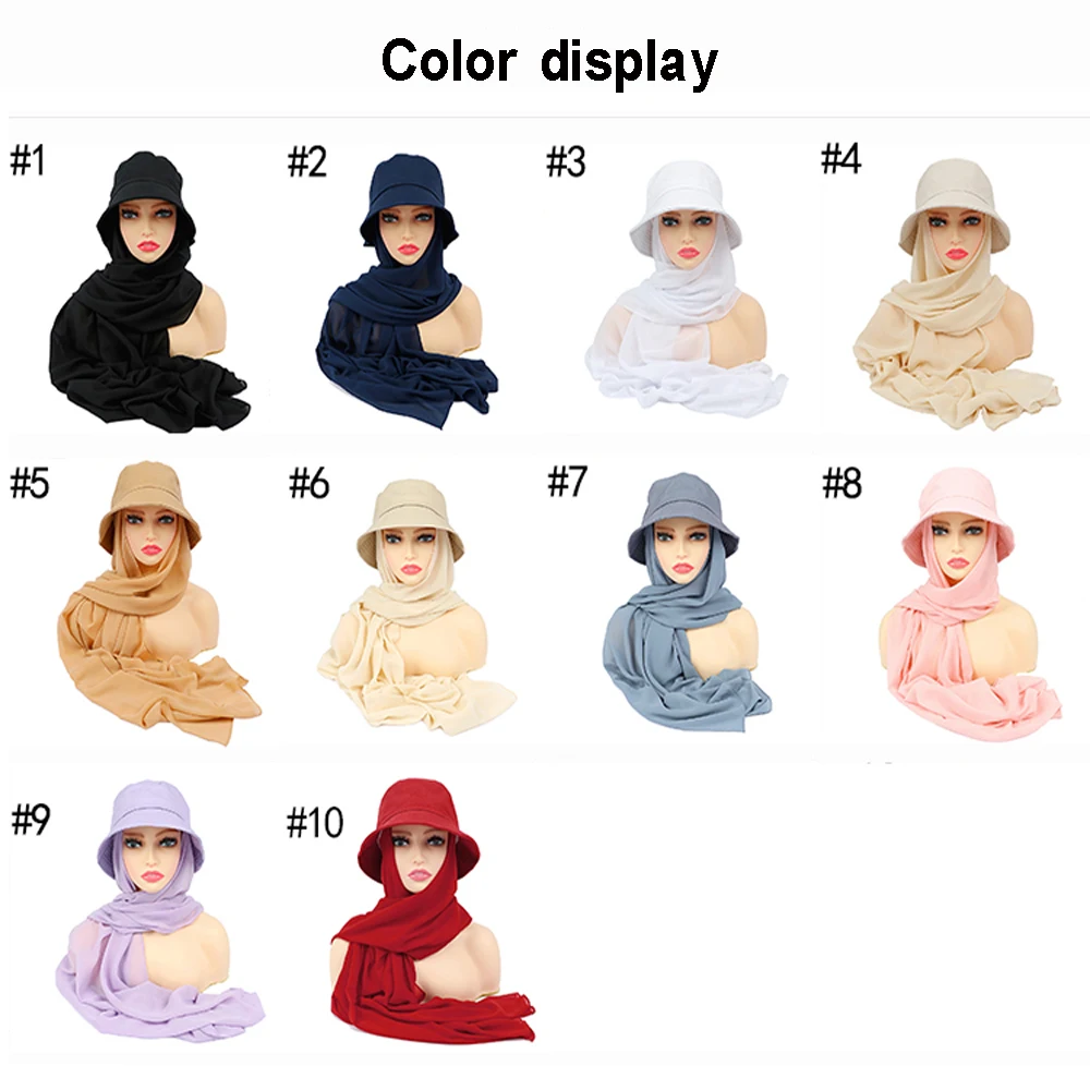 New Muslim Women Bucket Hat With Chiffon Hijabs Summer Sports Cap With Turban Ready To Wear Instant Hijab Islam Headscarf