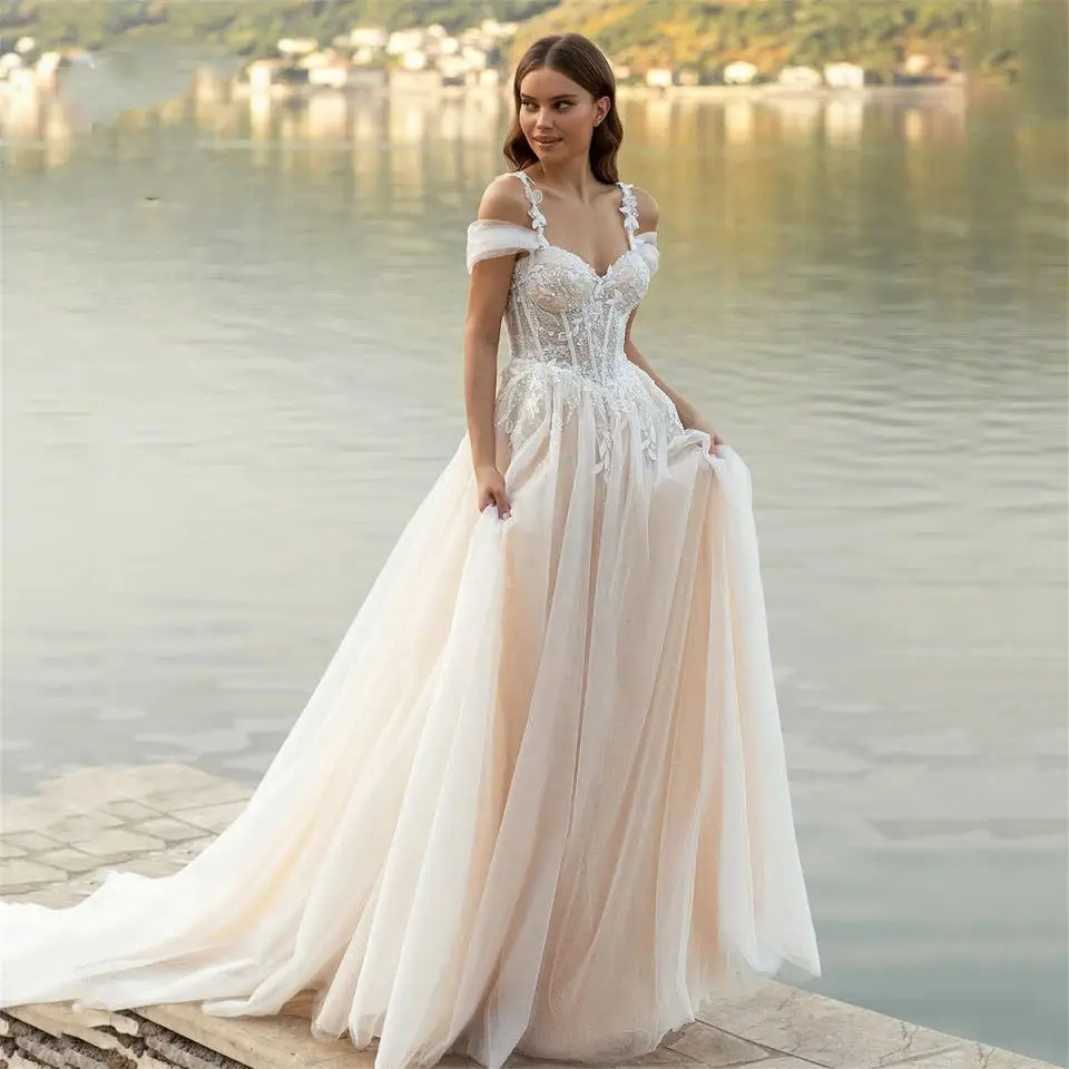 Custom Made Beach Wedding Dress 2024 Sweetheart Lace Appliques Off Shoulder Corset Princess Bridal Dress Wedding Gown
