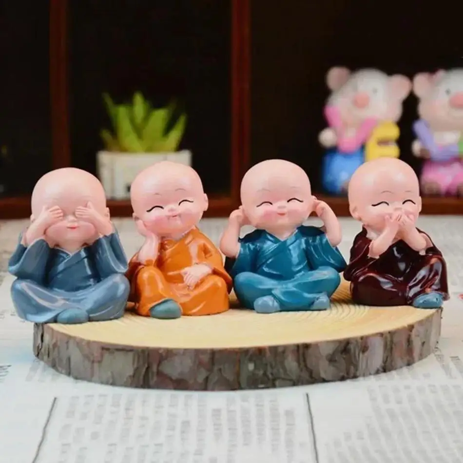 4 Pcs Resin Craft Gift Lovely Monk Sculptures Cartoon Buddha Statues Dolls Table Ornament Creative Fuuny Crafts Home Decoration