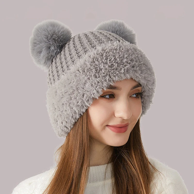 Winter Warm Knitting Hat For Women Double Pompom Thick Plush Cap Solid Color Ladies Anti-cold Ski Snow Beanie 4