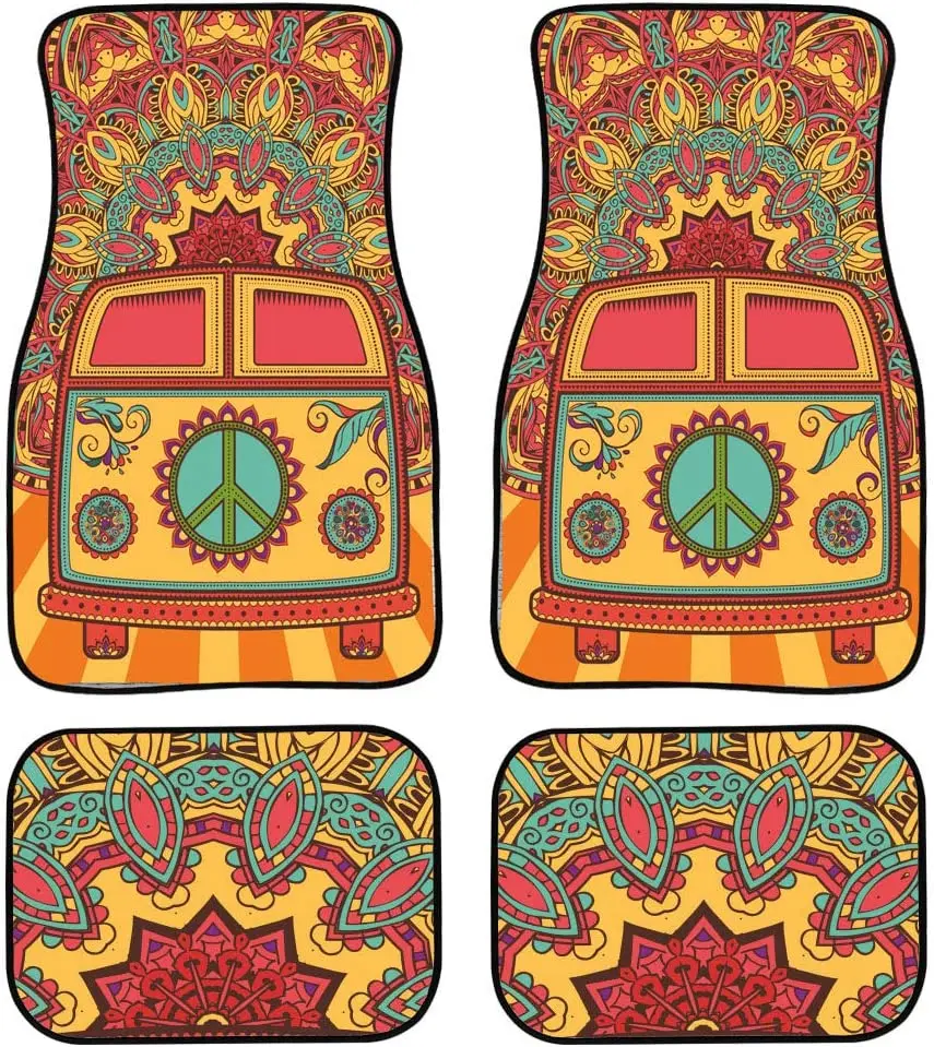 

Buybai Car Mats for Women 4pcs Floor Mats for Cars Cool Hippie Van School Bus 3D Printing Car Floor Mat Universal Fit for Cars S