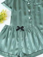 Ensemble deux pièces en Satin à revers rayé, haut à manches courtes avec poches et Short à nœud, pyjama pour femmes, vêtements de détente, adapté à un usage domestique 6