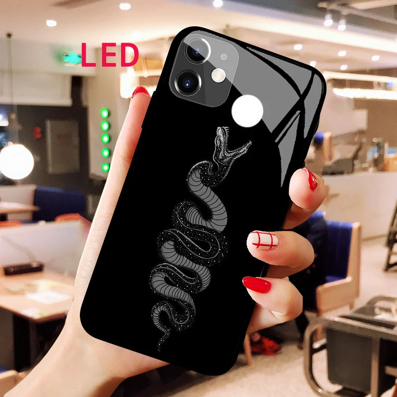 

LED Breath 7 color Glass phone Case For IPhone 14 13 12 11 Pro Max Mini SE Max 8Plus 7plus Japanese dragon Glass phone cover