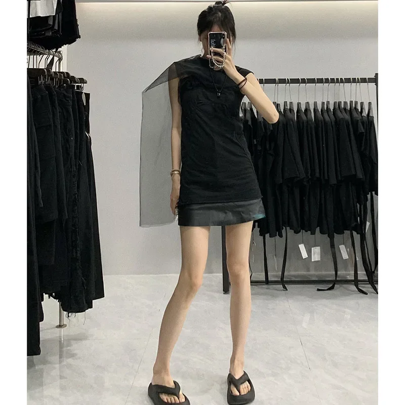 

23ss Rick Graphic T Shirts Women Y2k Style Summer Fashion New Ro Owens Black Patchwork Mesh Women Clothing 1:1 High Quality