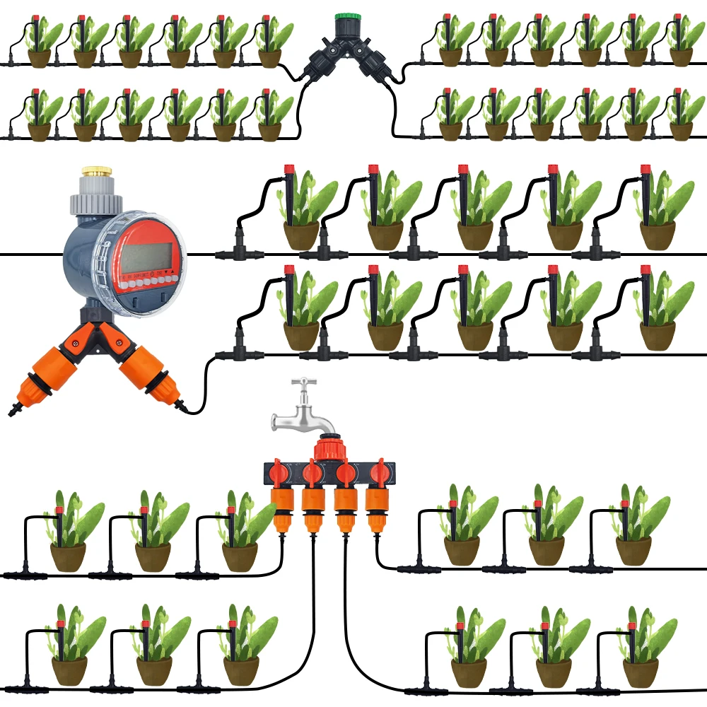 Drip Irrigation System 1/4'' Hose Adjustable 13CM Sprinkler Kit 4-Way Micro Watering Flow for Garden Flowers Vegetables 3