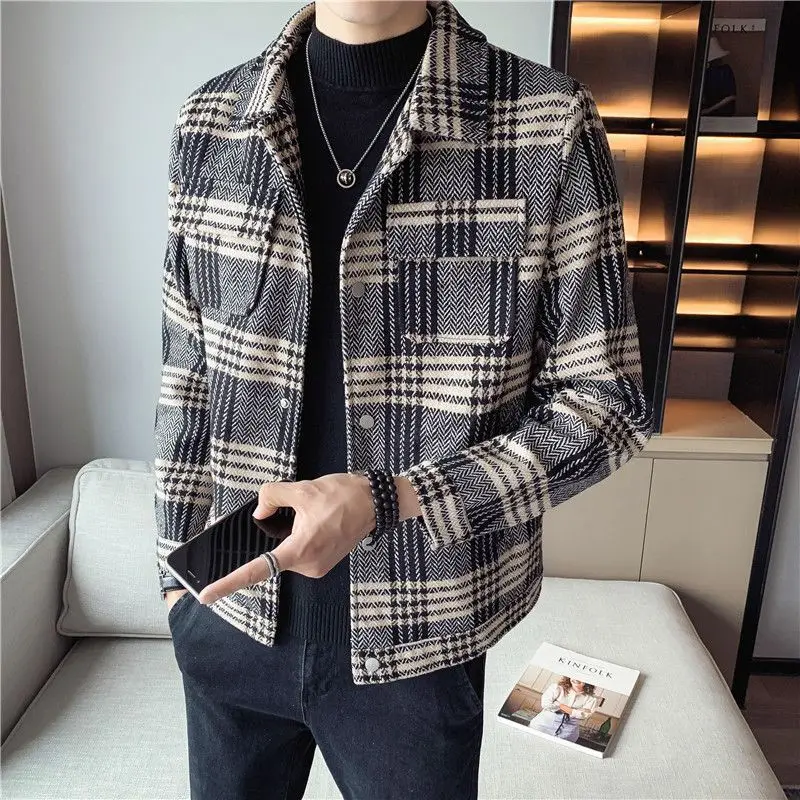 2024 New Men Short Plaid Woolen Jacket Spring Autumn Male Trendy Slim-Fit High-End Outcoat Business Casual Versatile Outerwear