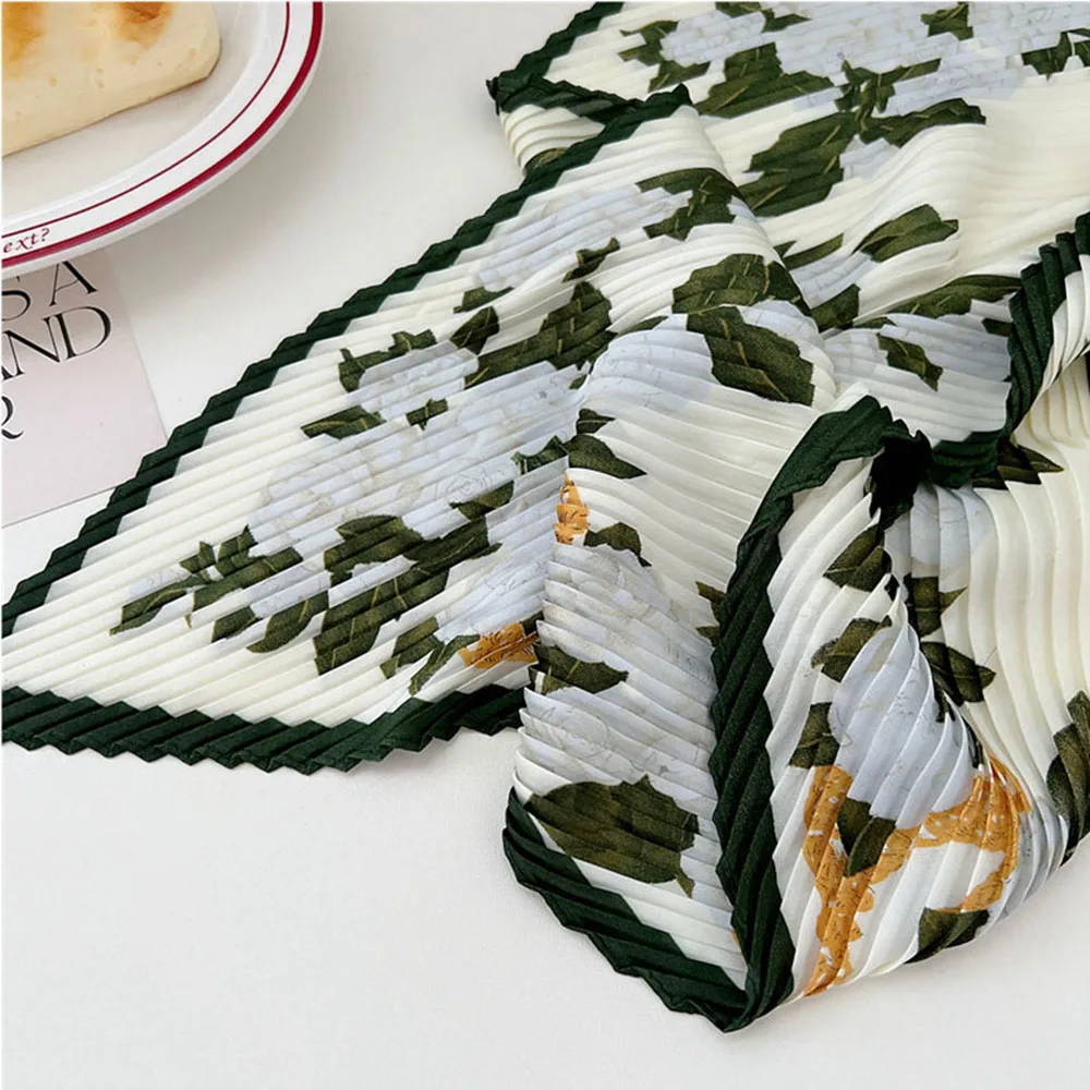 70cm Small Shawl Wraps Fashion Vintage Pleated Silk Neck Scarf Crinkle Square Silky Neck Scarves Peony Flower Print Hair Scarf 6