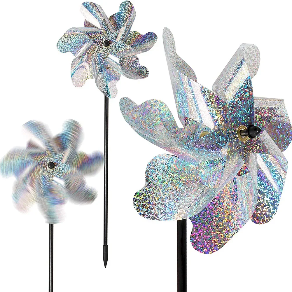 7 Leaves Bird Repeller Windmill Spinner Durable Practical Multi-functional DIY Bird Deterrent Silver Laser Pinwheel