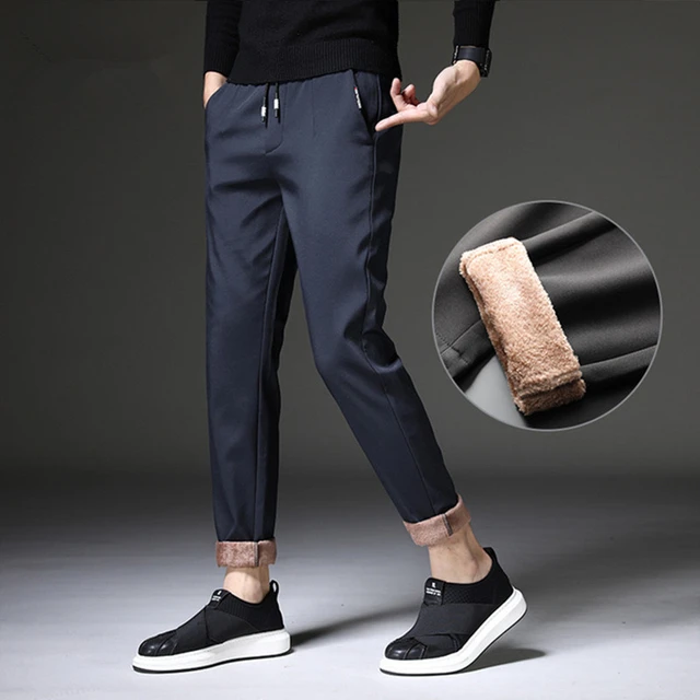 2024 Winter Mens Pants Fleece Warm Korea Style Casual Slacks Slim Black  Gray men fashion Trousers Male - AliExpress