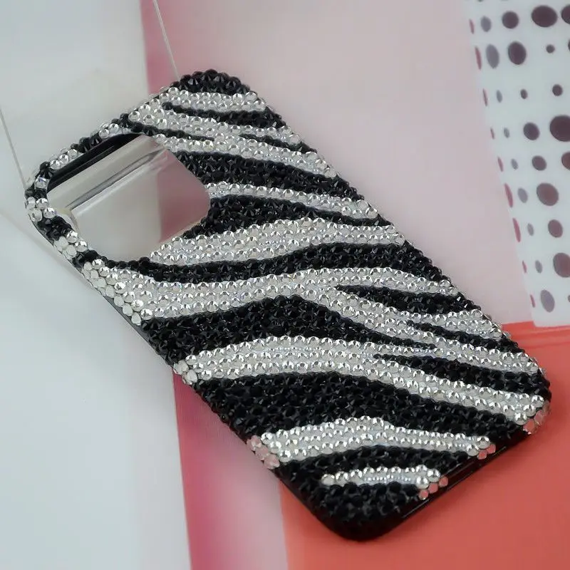 Phone Case for Samsung Galaxy S24 Ultra A15 A35 A55 A54 A13 S23 S22 S21 FE Black and White Zebra Print Rhinestone Back Cover