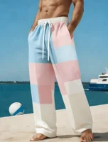 Pantalon décontracté pour homme à imprimé géométrique color block, coupe droite ample pour le printemps, l'été et les vacances à la plage, taille à cordon de serrage 2