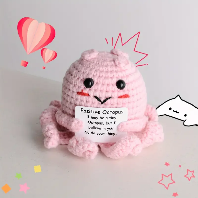 TOYMIS Positive Octopus, Mini Knitted Octopus Doll Funny Positive Life Potato Crochet Octopus With Encouragement Card Emotional Octopus Support Knitted Doll For Home Decoration Gift (Pink