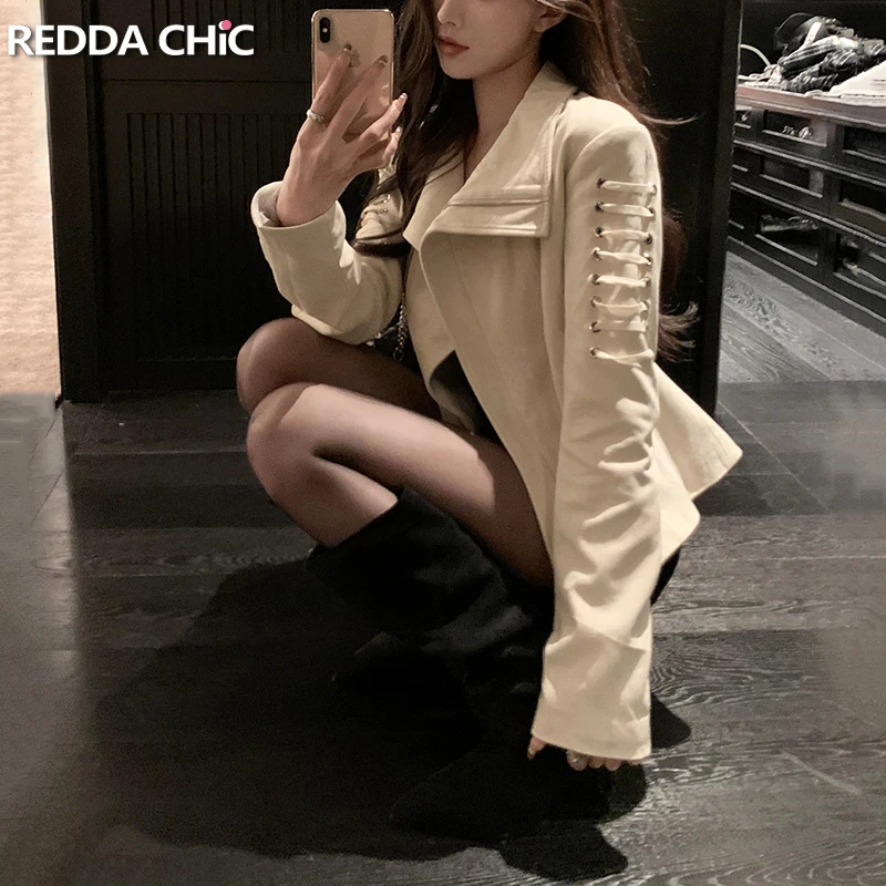 

ReddaChic Zip-up Suede Leather Bomber Jacket for Women Strappy Long Sleeves Lapel Slim Fit Cropped Coat Y2k Vintage Outerwear